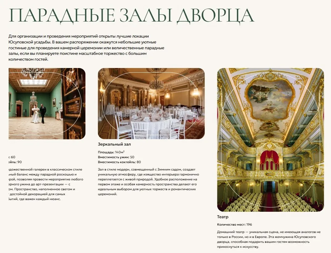 Слайдер парадных залов дворца с характеристиками
